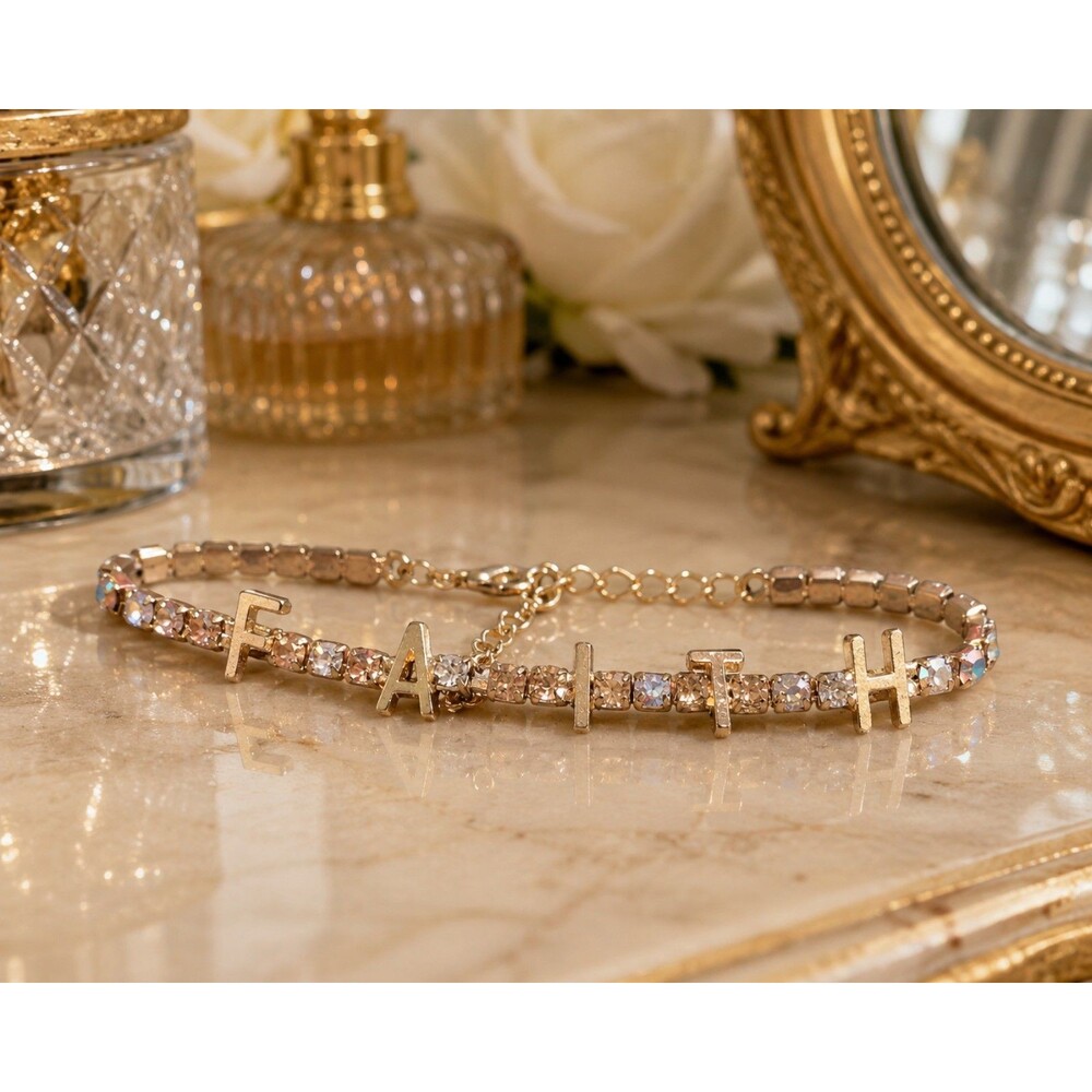 Faith Rhinestone Tennis Bracelet, Gold Tone Christian Inspirational Jewelry